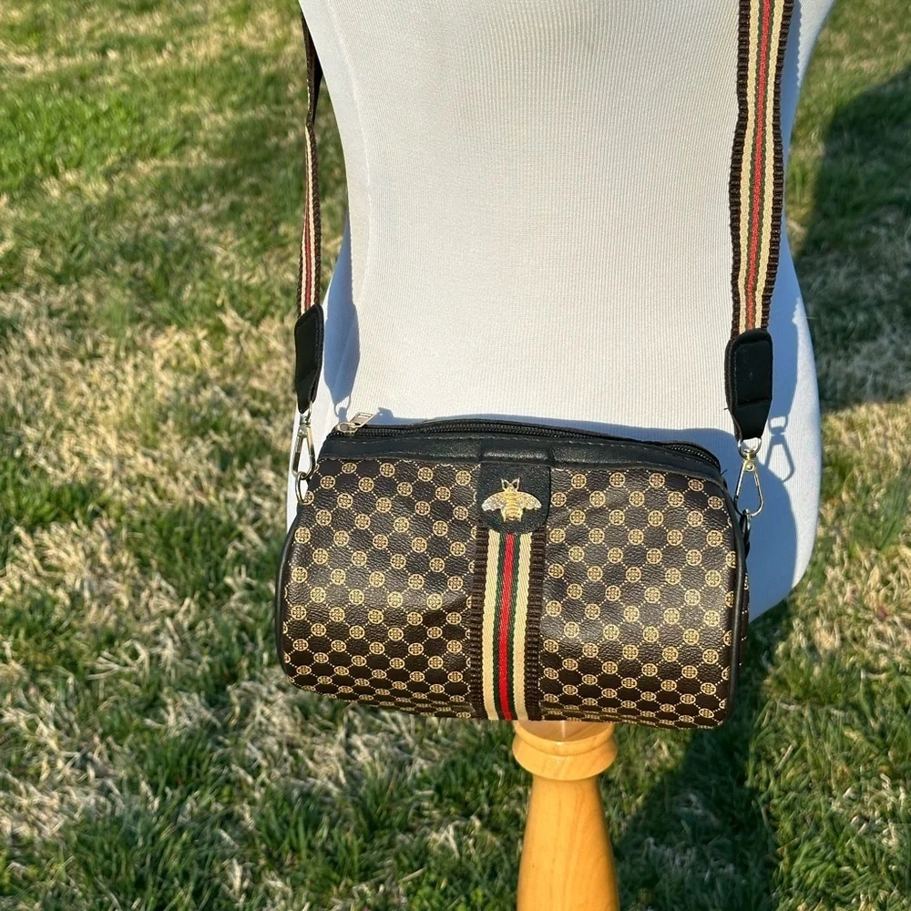 Brown Checkered Crossbody Bag with Yellow Accent